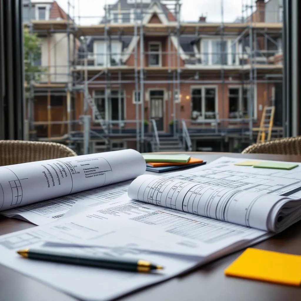 Documenten met bouwtekeningen en begrotingen liggen op tafel met op de achtergrond een Nederlands pand in renovatie.