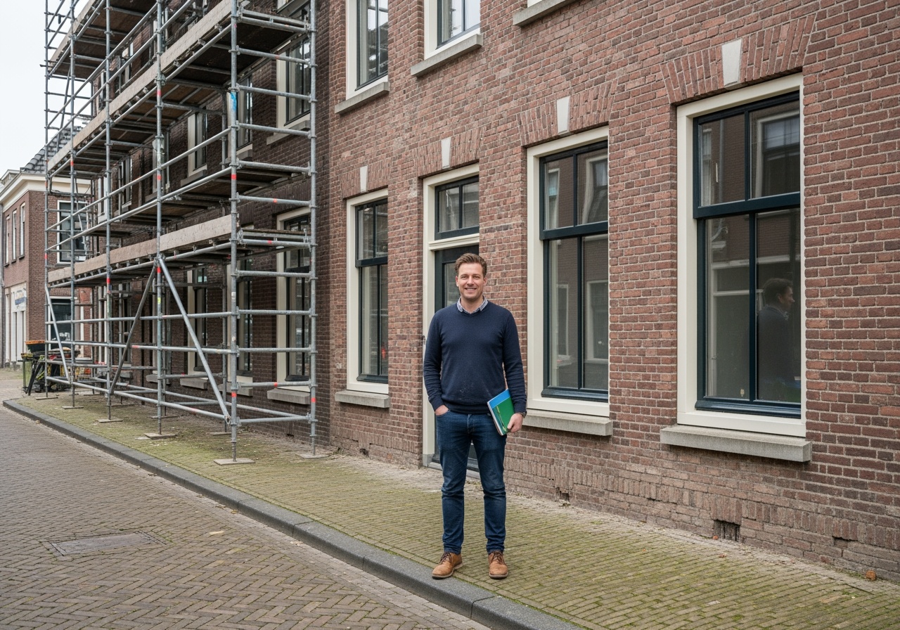 Een projectontwikkelaar staat voor een Nederlands pand dat wordt gerenoveerd of getransformeerd.