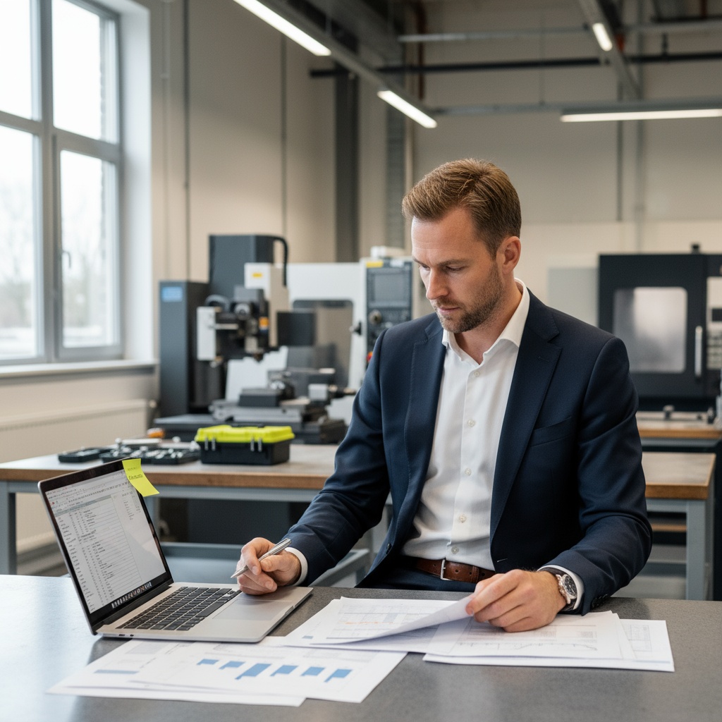 Ondernemer bekijkt offertes of financieringsopties aan een werkbank in industriƫle omgeving.