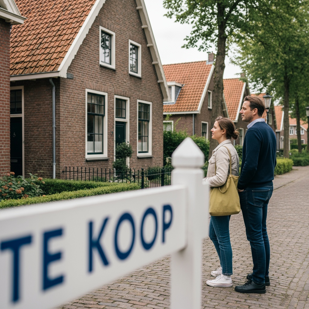 Twee doorstromers bekijken de voorkant van een huis met een ‘Te Koop’-bord in de tuin en bespreken de volgende stap.