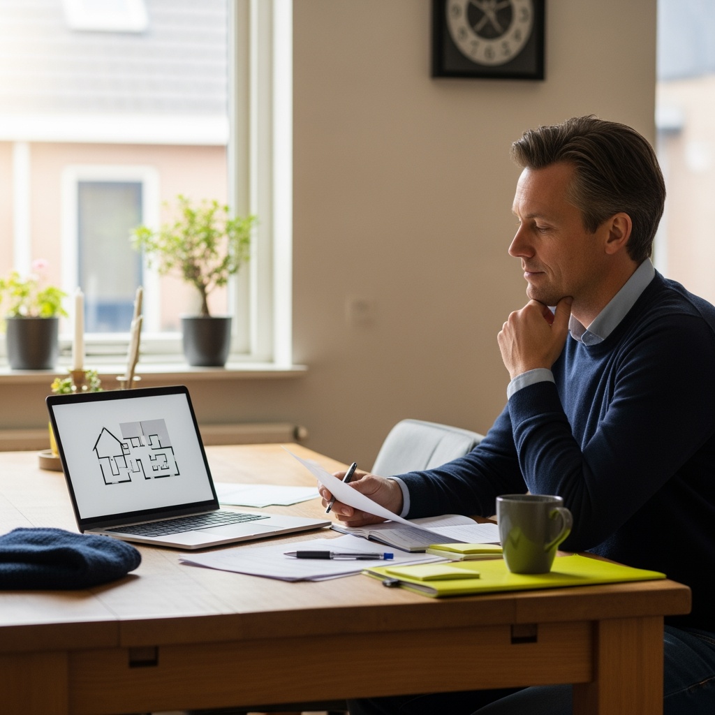 Een persoon zit rustig aan de keukentafel en bekijkt de woon- en financiƫle opties na een scheiding, in een huiselijke en kalme sfeer.
