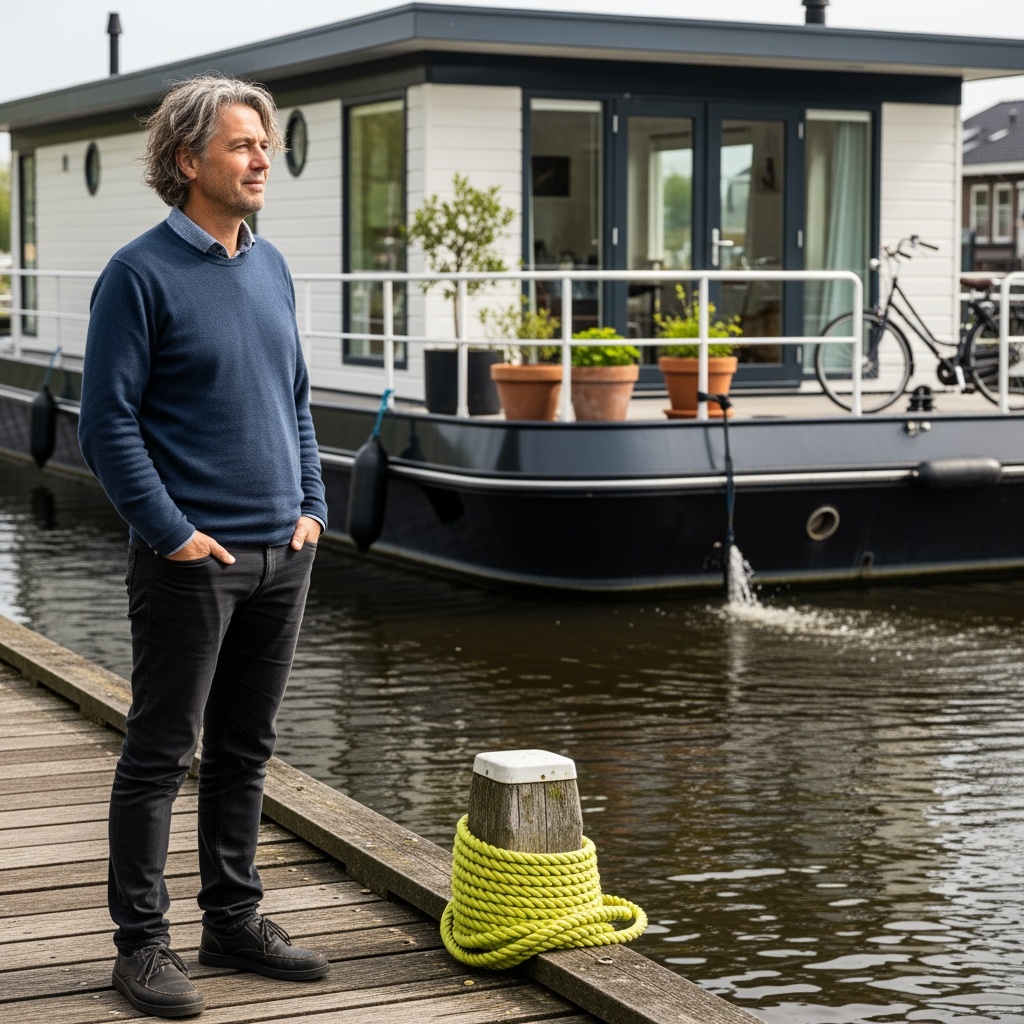 Een persoon staat op de steiger naast een woonboot en kijkt rustig over het water.
