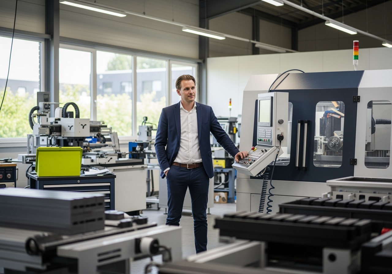 Een ondernemer bekijkt nieuw bedrijfsmaterieel in een Nederlandse werkruimte of loods.