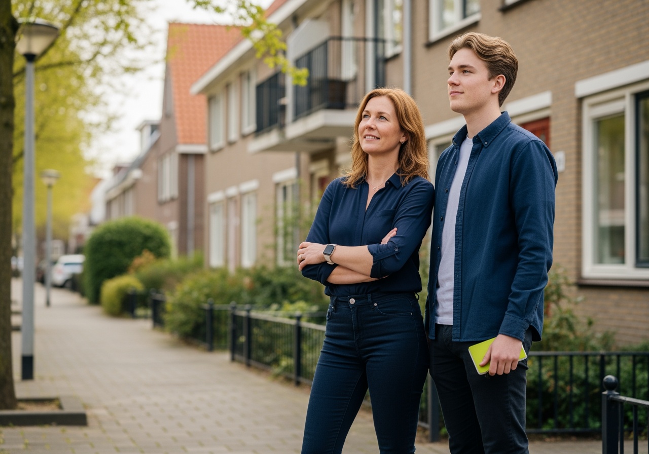 Een ouder en een jongvolwassene staan voor een woning en kijken samen naar het huis dat mogelijk wordt gekocht.