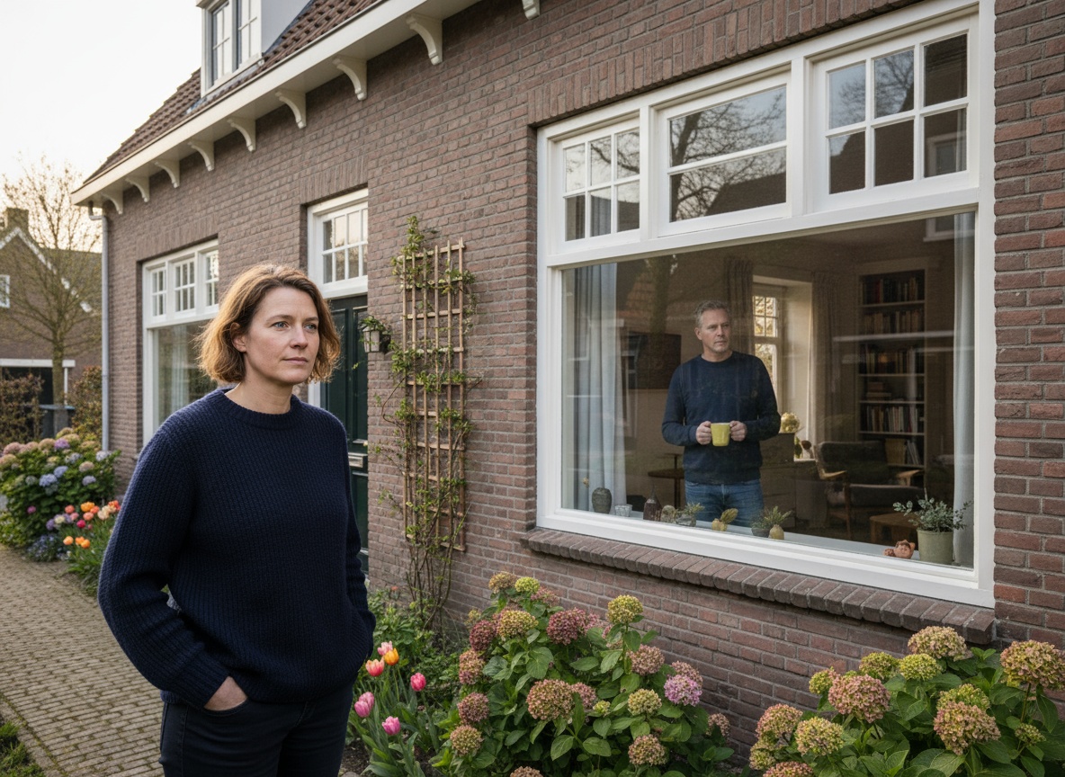 Een persoon staat buiten voor de woning en een ander staat binnen achter het raam. Ze kijken niet naar elkaar maar delen een stille, respectvolle overgang in hun woonsituatie.