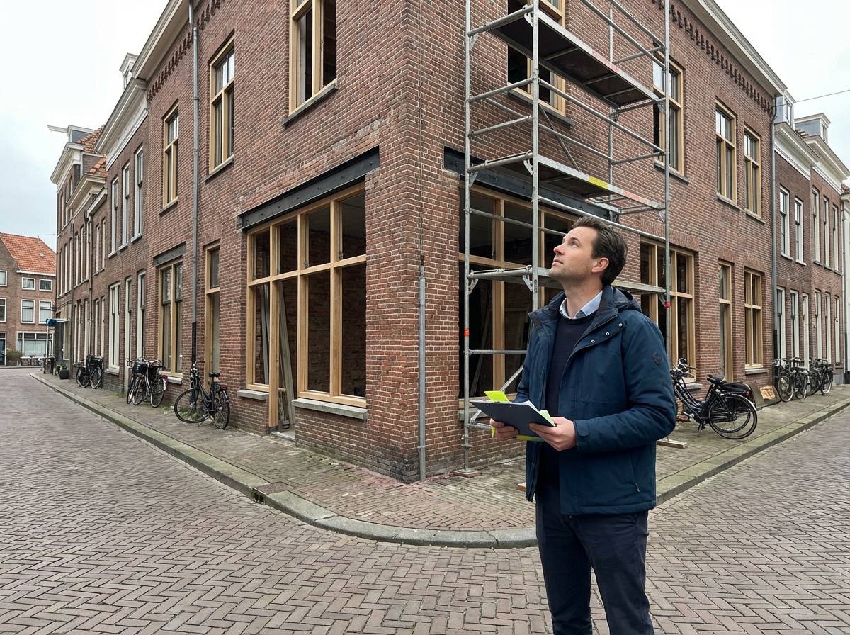 Een man met een donkerblauwe jas bekijkt een Nederlands pakhuis dat wordt getransformeerd.