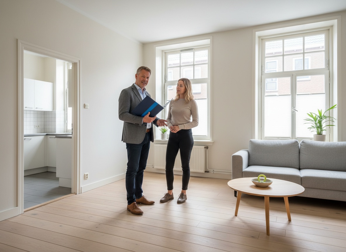 Een particuliere verhuurder en huurder bekijken samen een Nederlandse huurwoning.